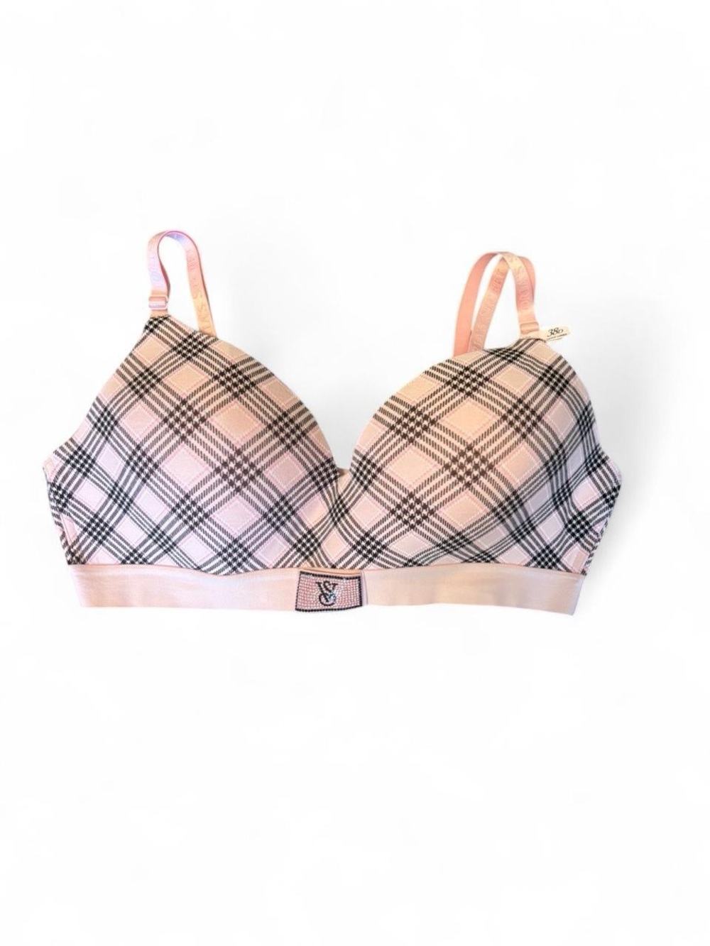 Victoria’s Secret Women’s Light Pink Plaid Wireless T-Shirt Bra, Size 38D
